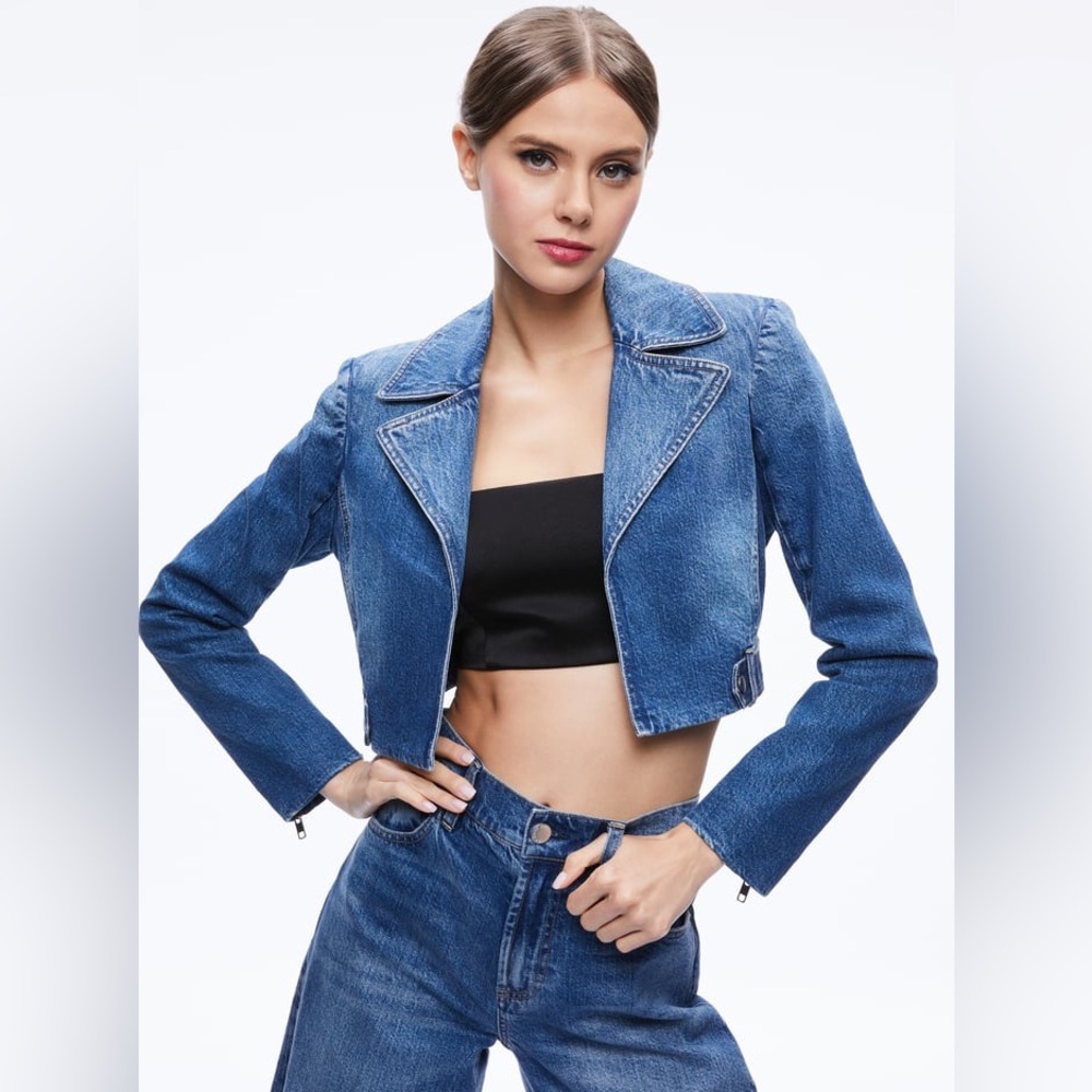 Alice + Olivia Cropped Blue Denim Moto Jacket